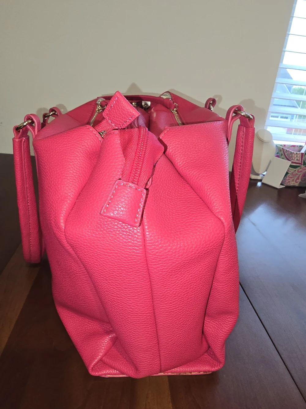 Hot Pink 💕 Pebbled Leather-Like Shoulder Bag with Triple Zipper Compartments